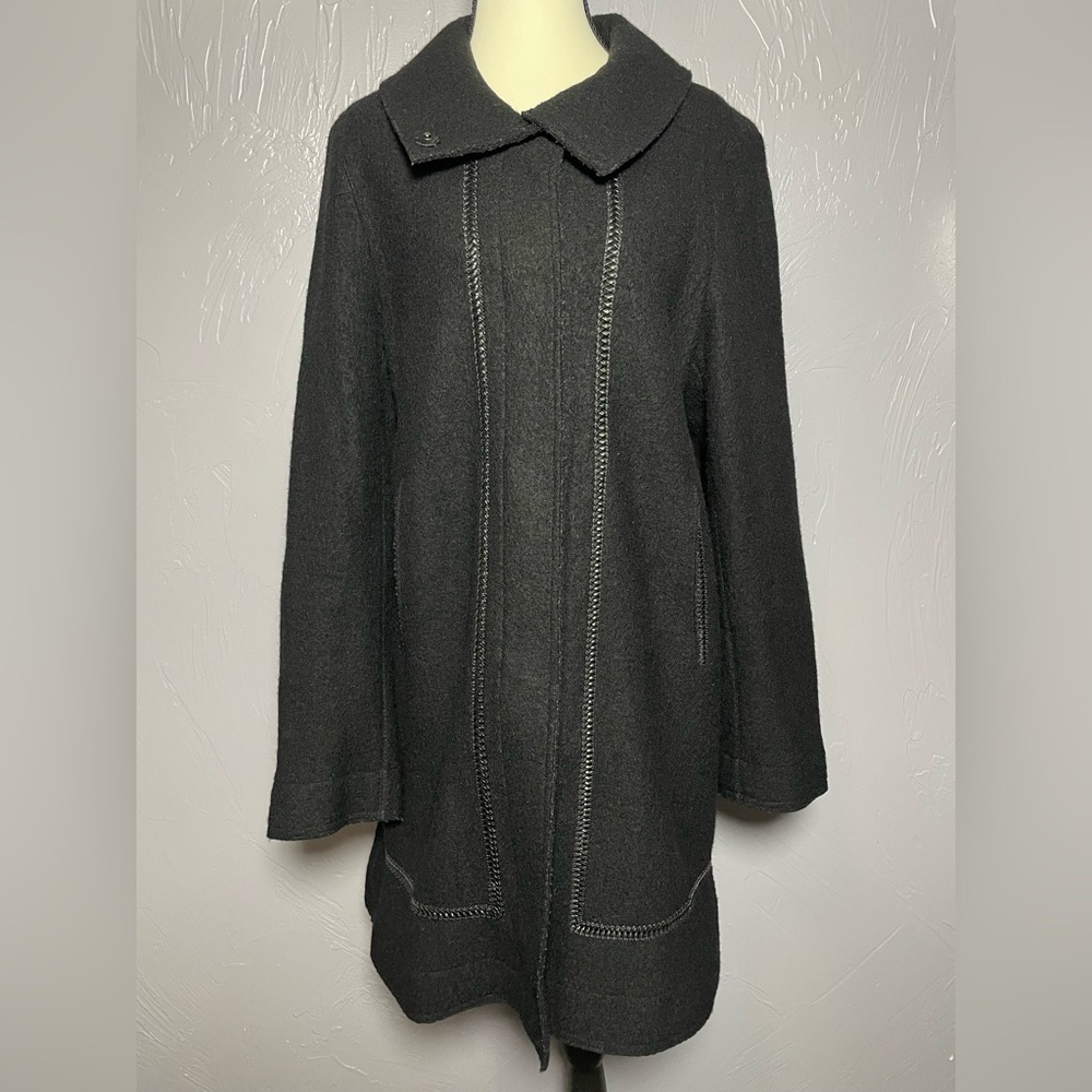 Hilary Radley 100% Boiled Wool A Line Pea Coat with Leather Trim Detail Black - Picture 3 of 12
